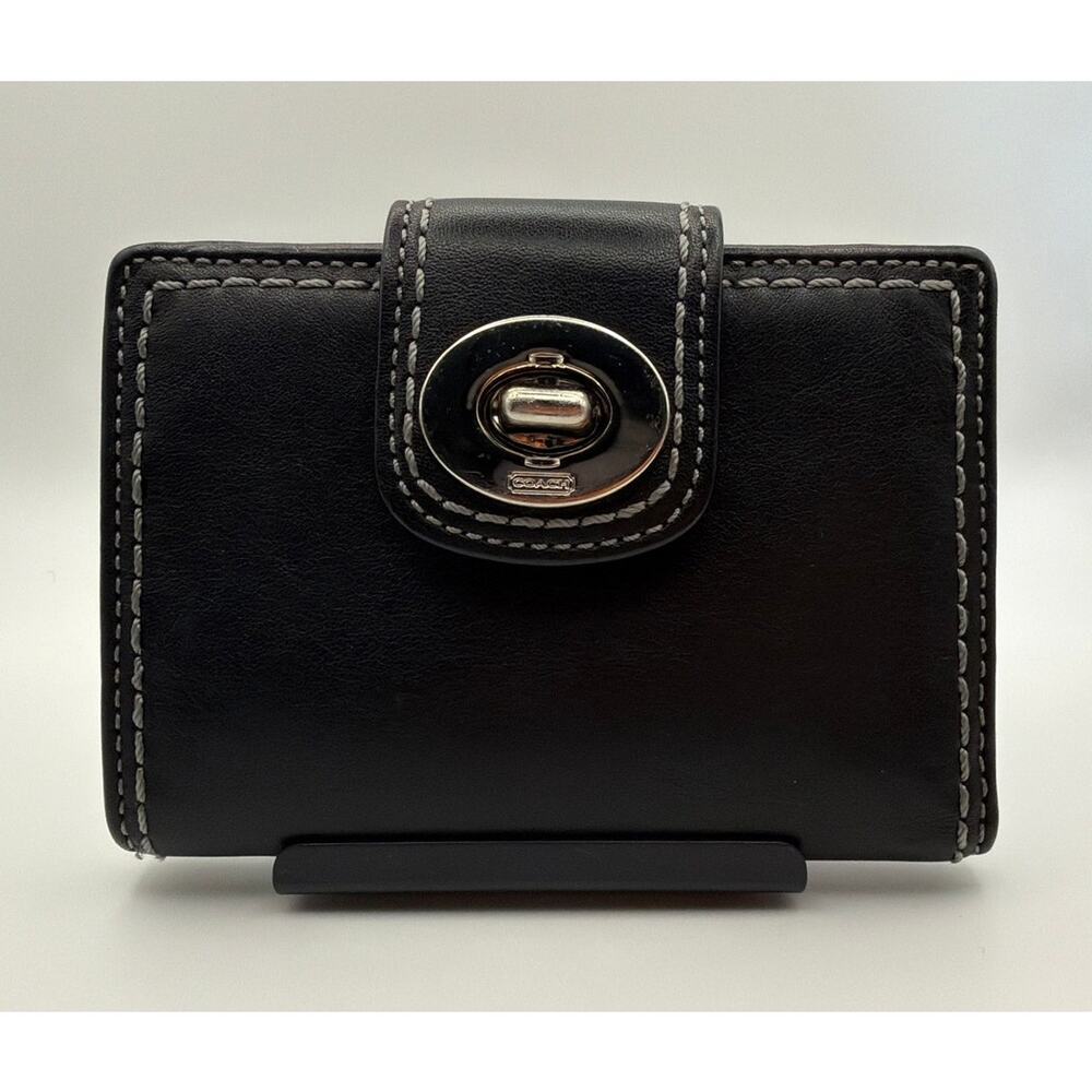 Coach Hampton Black Leather BiFold Wallet Featuring a Silver Turn-Key Lock